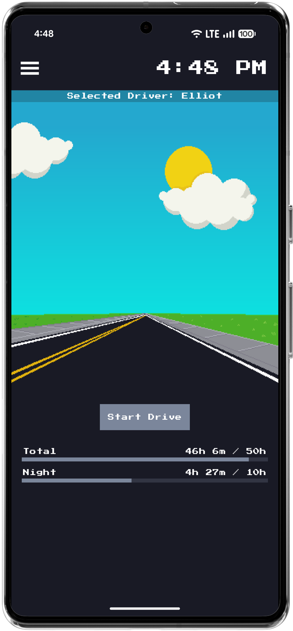 Horizon app screenshot showing learner driving log interface