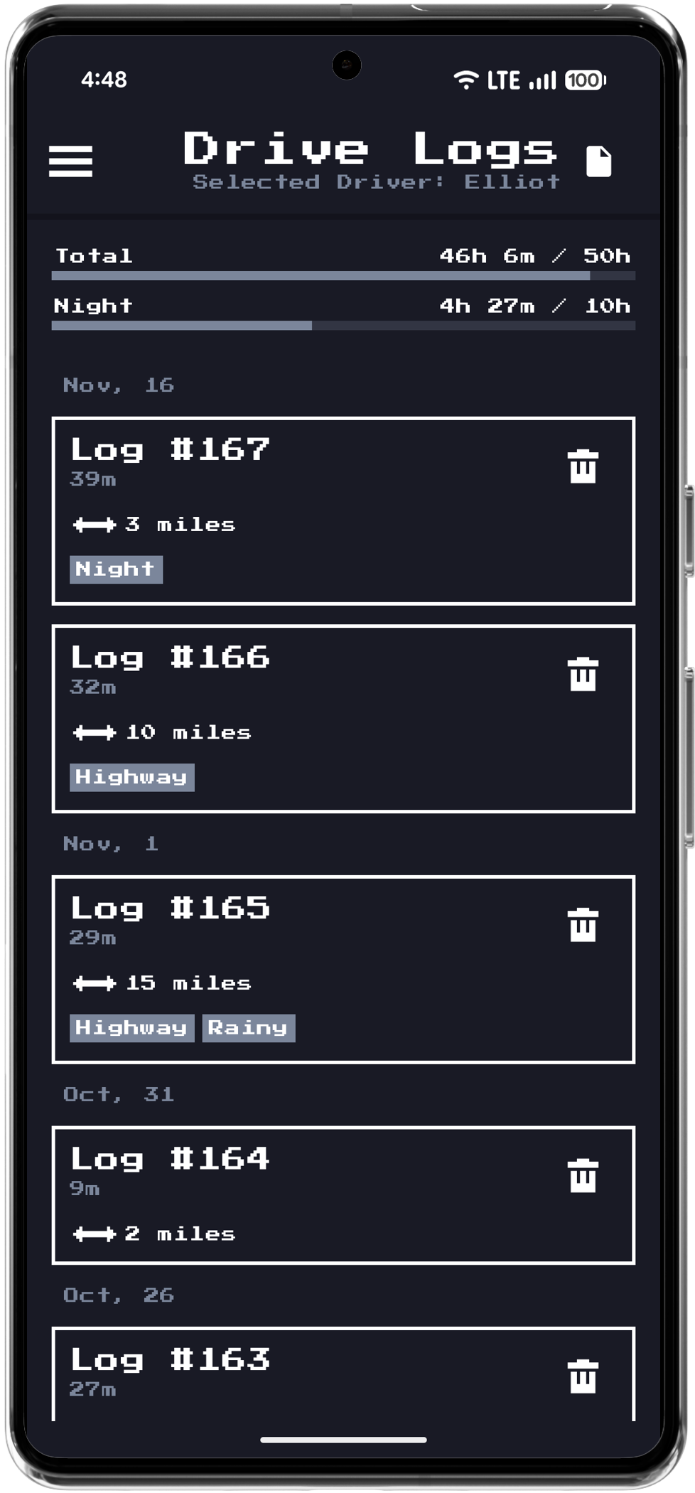 Drive Logs screen listing practice sessions with duration, distance, and condition tags