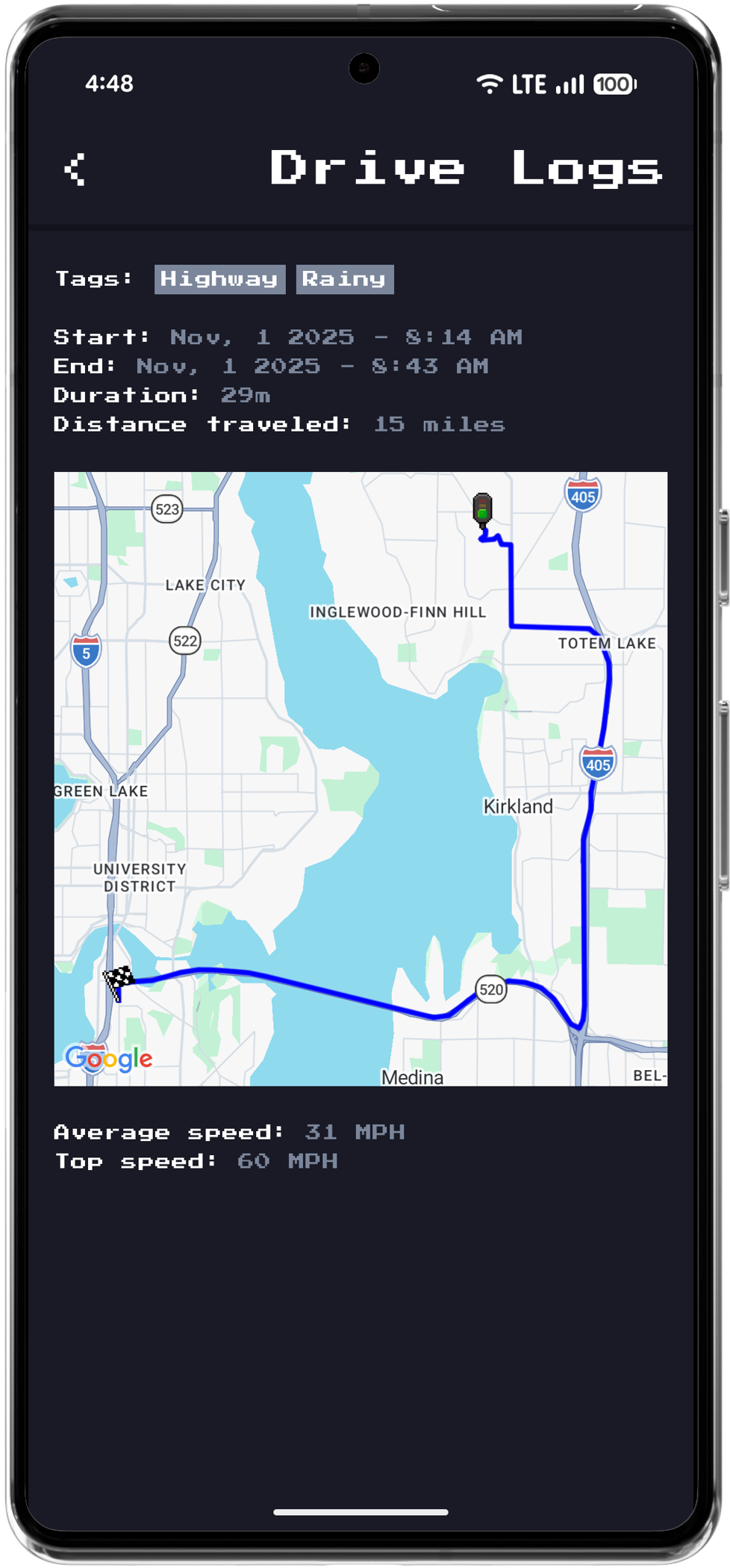 Drive detail screen showing an interactive map with the route, distance, and speed statistics