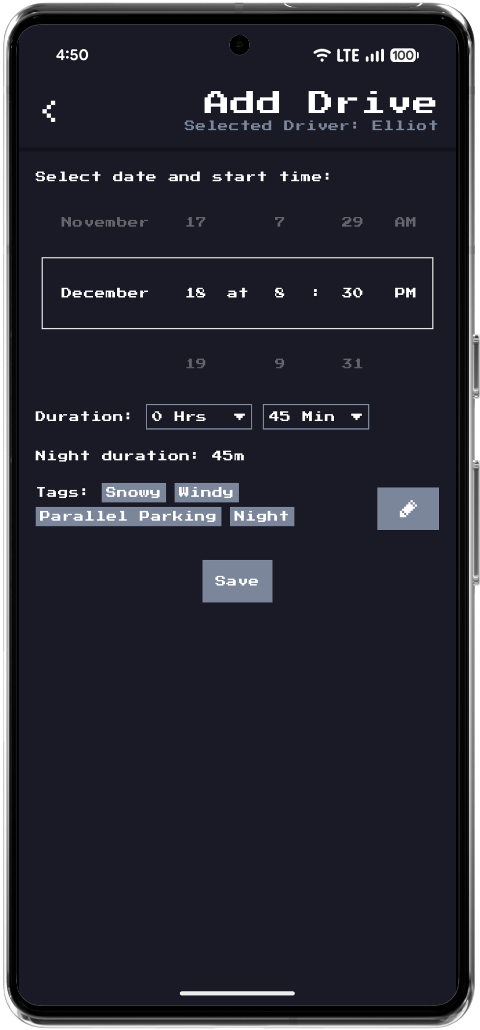 Add Drive screen with date picker, duration selector, and condition tags